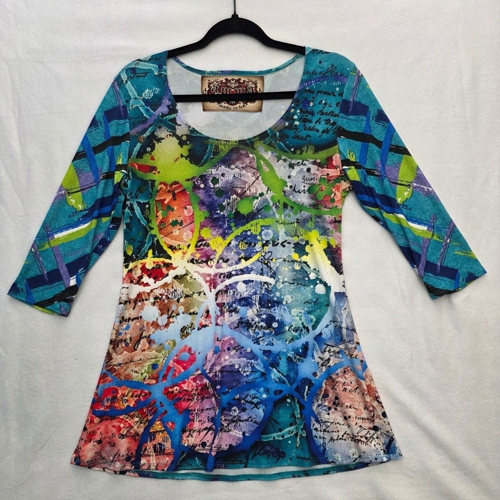 Amma Design Top Abstract Art Graphic 3/4 Sleeve M Multicolor Artistic Vibe